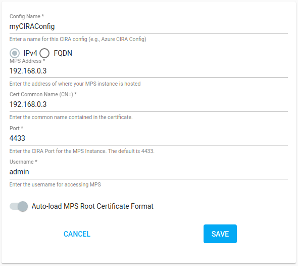 Figure 2: Example CIRA Config